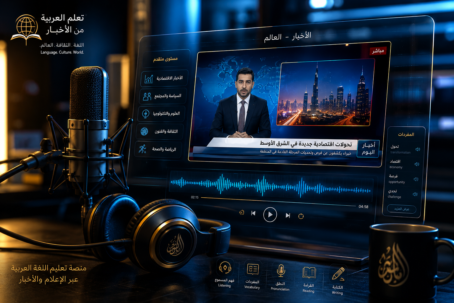 آموزش عربی با فایل صوتی و ویدئوهای خبری کوتاه